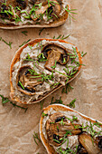 Sandwiches with mushroom pate and mushrooms on kraft paper.