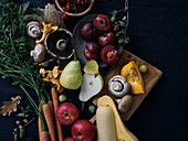 Autumn food ingredients on a dark blue background. Flat lay of autumn vegetables, berries and mushrooms from the local market. Vegan ingredients