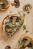 Sandwiches with mushroom pâté and mushrooms on kraft paper