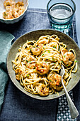 Pasta with peanut butter and shrimps
