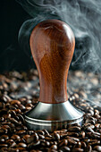 tamper coffee with steam and coffee beans