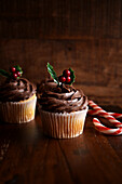 Christmas holiday chocolate cupcakes treats against a dark wood background. Negative copy space.
