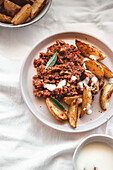 Vegan Bolognese dish with roast potatoes, yoghurt and sage in a light table