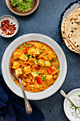 Schüssel mit Paneer-Curry und Beilagen