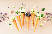 Waffle cones with flowers on a pastel-coloured, light pink background, view from above. Concept for spring or summer mood