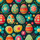 Abstract background of various colorful bright Easter eggs with different ornaments and flowers on dark surface with twigs