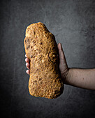 Hand of crop anonymous person holding fresh backed aromatic bread with crispy crust on grey background