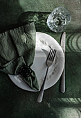 Ein kunstvoll gedeckter Tisch mit einem weißen Teller mit einer dekorativen Serviette, Besteck und einem klaren Glas auf einem Tisch, der weiche Schatten wirft
