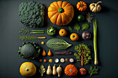 Generative AI-Illustration Draufsicht flach legen von frischen verschiedenen gesunden Gemüse auf schwarzem Hintergrund gelegt