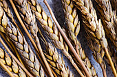 Top view of summer table setting with wheat against gray table