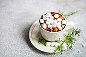 Tasse frischer Kakao mit Marshmallow auf Teller mit grünen Tannenzweigen auf grauer Fläche von oben