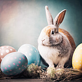 Adorable fluffy bunny with colorful spots sitting on heap of dry grass near bright Easter eggs