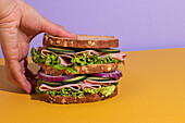Cropped unrecognizable person holding delicious sandwich with tomatoes, cheese slices and fresh vegetables on colorful background