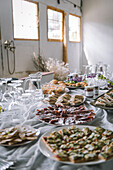 Appetizing fresh cooked snacks served on white plates on banquet table with tablecloth in restaurant