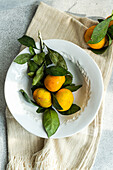 Fresh tangerines on a classic white plate over a textured beige napkin, conveying rustic charm and simplicity.