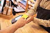 Crop anonymous male worker in casual cloth with apron receiving payment from client with POS machine and credit card while working in drugstore