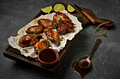Appetizing grilled marinated chicken wings with ginger vinegar placed on plate with sauce and served with onions on wooden cutting board with knife on gray hard surface