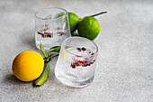 Two glasses of gin tonic with ice cubes and a garnish of vibrant lemon, together with fresh limes on a textured gray surface, evoke a sense of freshness and zest.