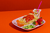 From above of spaghetti with tomato sauce fresh cucumber slices strawberries and fruit jelly cup served for school lunch