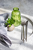 High angle of minimalist table setting with small potted plant on plate with cutlery and empty bottle in sunlight