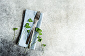 Top view of table setting with leaves of shamrock plant on napkin with fork and knife against concrete background
