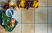 From above baking concept with ingredients for pancakes cooking on the tiles table
