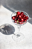 Feiertagskartenkonzept mit roten Weihnachtskugeln im Champagner-Kristallglas auf weißem Betonhintergrund mit tiefen Schatten