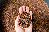 From above of crop unrecognizable male farmer adding pile of brown coffee grains into plastic container in countryside