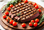 Generative AI image high angle of delicious sliced roast beef served on wooden cutting board with cherry tomatoes