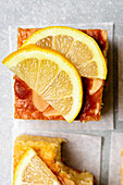 Top view of square slice of delicious homemade lemon cake