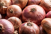 Vollbild-Hintergrund von verschiedenen bunten frischen Zwiebeln auf einem lokalen Markt