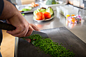 Der gesichtslose Koch schneidet frisches Grün mit einem scharfen Messer auf einem Schneidebrett, während er an der Theke mit verschiedenen Produkten während der Arbeit im Restaurant steht
