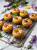 From above of tasty donuts on cooling rack with leaves between blooming lavender sprigs on marble surface