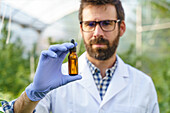 Crop bearded male scientist wearing uniform and gloves demonstrating glass bottle with cannabis extract while working in hothouse with hemp plants in pharmaceutical laboratory