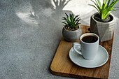 Morning cup of black coffee or espresso on the stone table with green plants in concrete pots