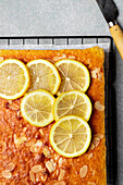 Square slice of tasty homemade lemon cake placed on metal rack in kitchen on grey background