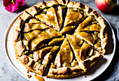 Appetizing baked homemade crusty apple pie with crispy crust served on white plate in kitchen