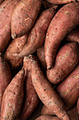 Top view full frame of red raw sweet potatoes placed together as background