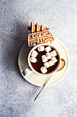 From above mug with hot chocolate and mini marshmallows and gingerbread cookies
