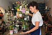 Side view of female gardener watering green plant in glass terrarium in floral store
