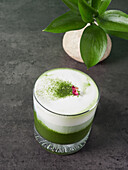 Refreshing matcha latte with powder and flower on top placed on gray surface near green plant