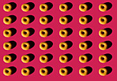 Top view of background of classic donuts without cover on pink background