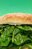 Frisches Burgerbrötchen mit einem Bündel frischer Spinatblätter als Konzept für gesunde Ernährung vor grünem Hintergrund