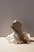 Still life composition with dried twig placed on table on stone against gray background in studio