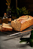 Closeup of a banana bread on a tray