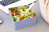 Salad with fresh green lettuce and cherry tomatoes served in square metal container with plastic spoon placed near modern netbook