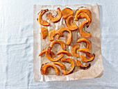 From above a tray with roasted pumpkin