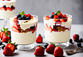 Appetizing trifle dessert with blueberries and strawberries served with mint in glass jar on table