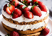 Appetizing sweet biscuit cake with vanilla cream and fresh strawberries on white plate