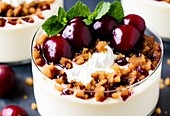 Appetizing sweet creamy dessert with cherries and crumbs served with mint leaves in plastic bowl